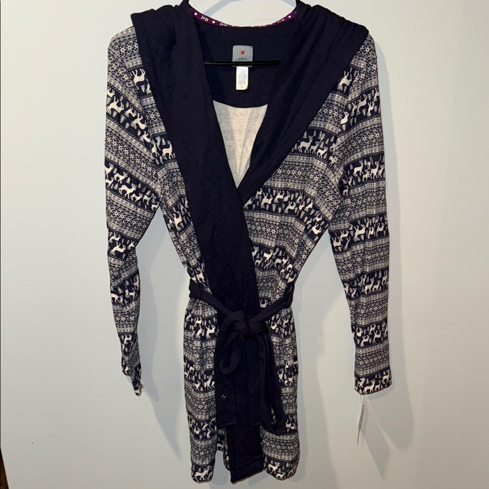 Women’s Jane & Bleecker Navy Hooded Double Knit Short Robe with Reindeer NWT